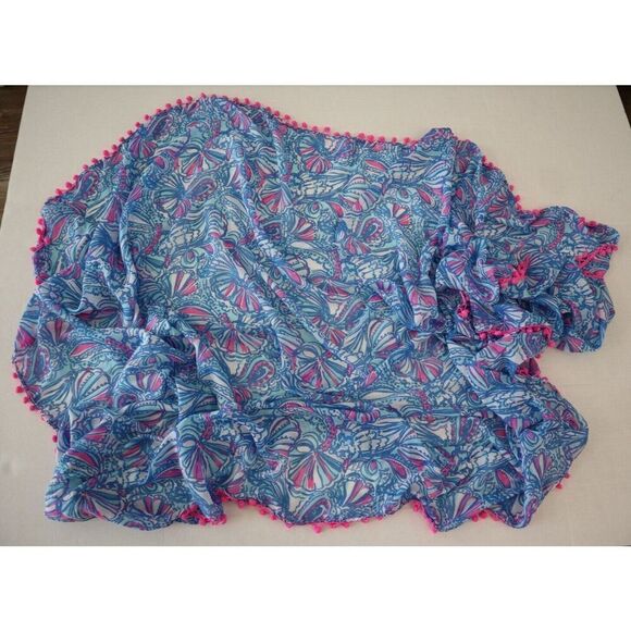 Lilly Pulitzer Women's Blue/Pink PomPom My Fans Lightweight Beach Cover-Up/Scarf - Picture 1 of 8